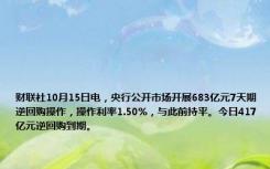 财联社10月15日电，央行公开市场开展683亿元7天期逆回购操作，操作利率1.50%，与此前持平。今日417亿元逆回购到期。